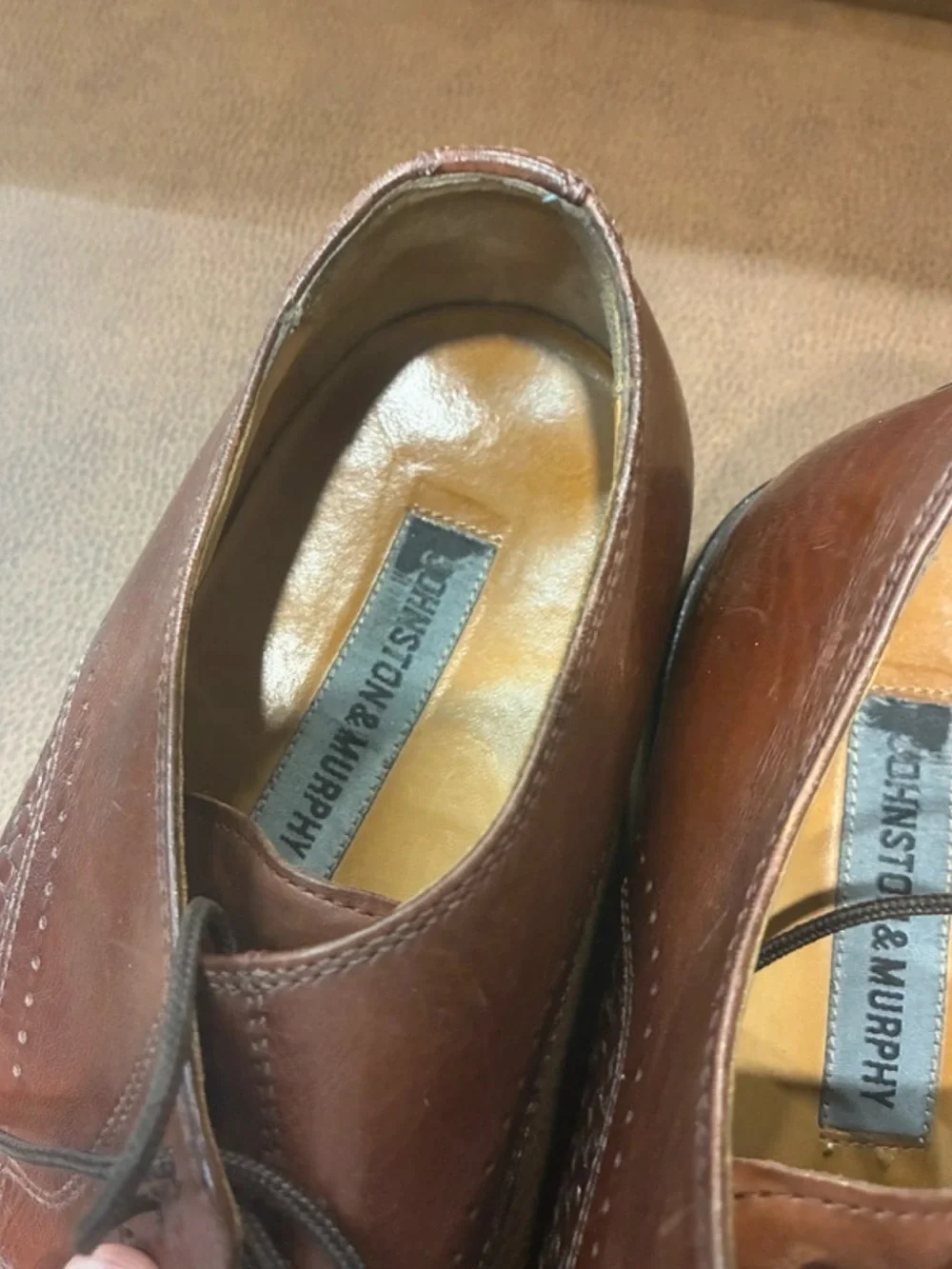 Johnston & Murphy Woven Chestnut Brown Leather Derby Shoes